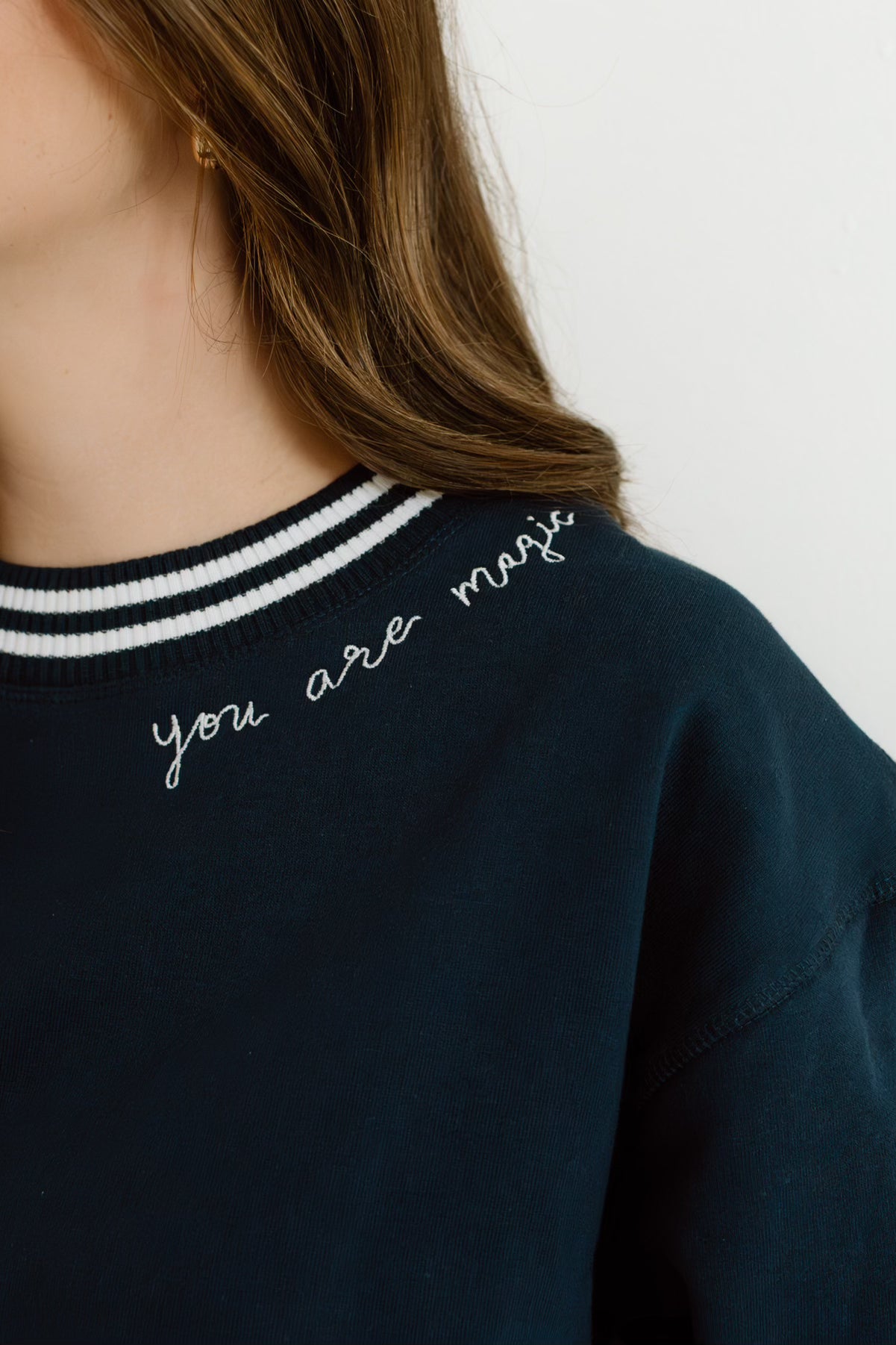 ✨ "You Are Magic" Script Embroidered Women's Varsity Crewneck Sweatshirt - Navy