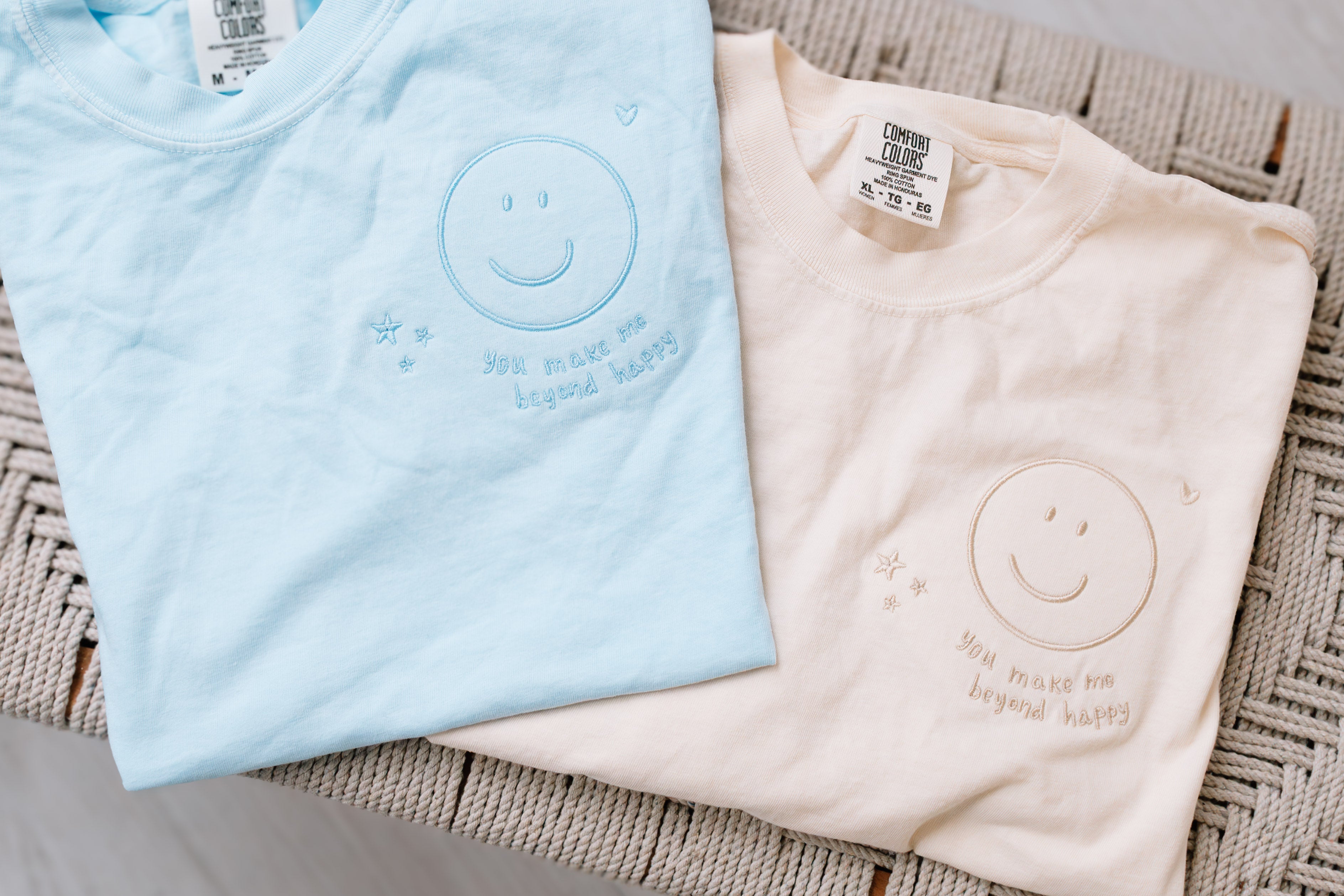 "You Make Me Beyond Happy" Embroidered Boxy Light Blue Women's Tee