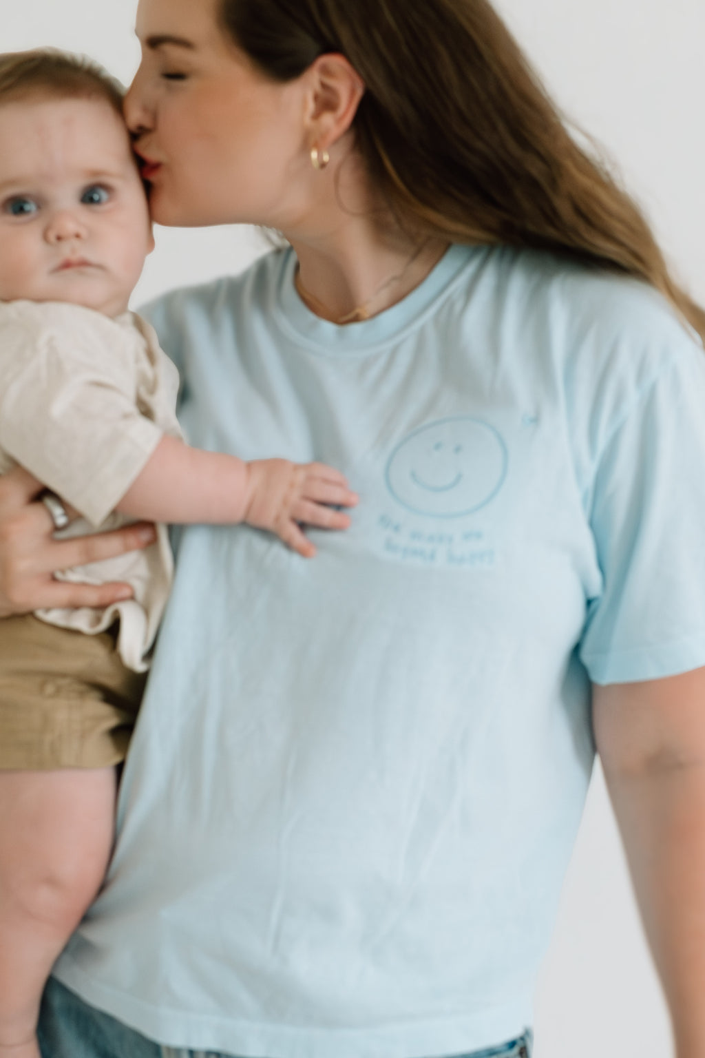 "You Make Me Beyond Happy" Embroidered Boxy Light Blue Women's Tee