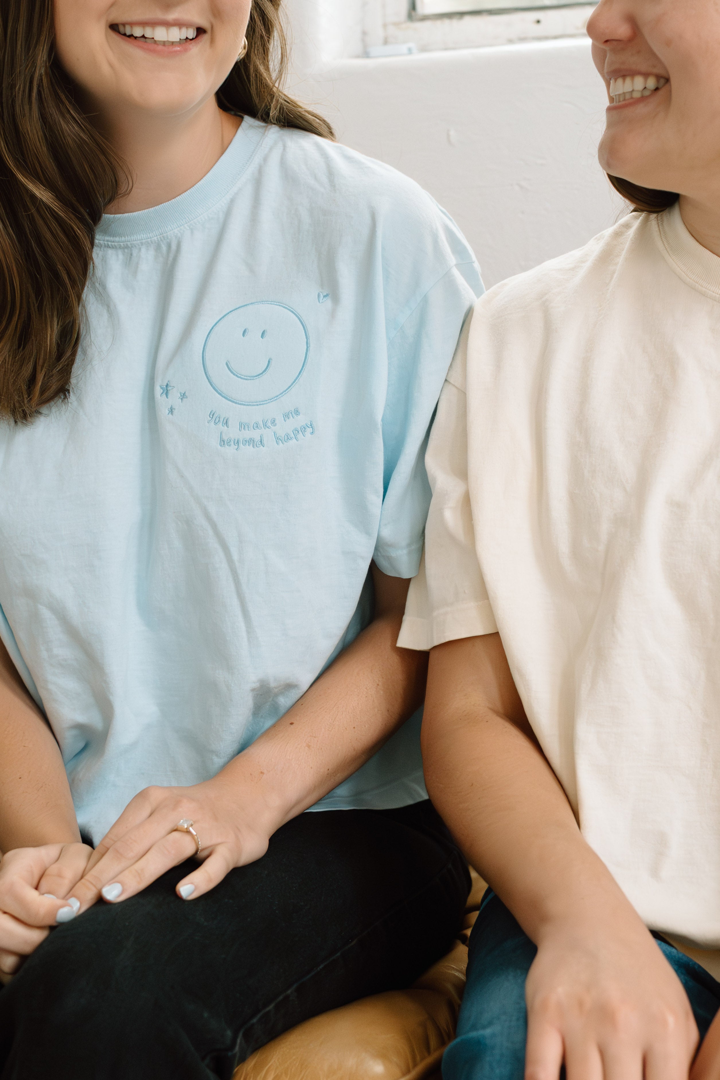 "You Make Me Beyond Happy" Embroidered Boxy Light Blue Women's Tee