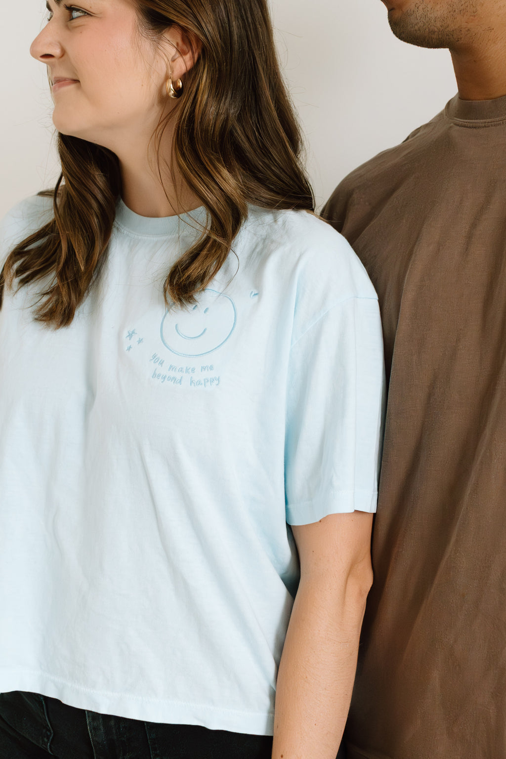 "You Make Me Beyond Happy" Embroidered Boxy Light Blue Women's Tee