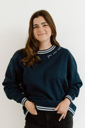 ✨ "You Are Magic" Script Embroidered Women's Varsity Crewneck Sweatshirt - Navy