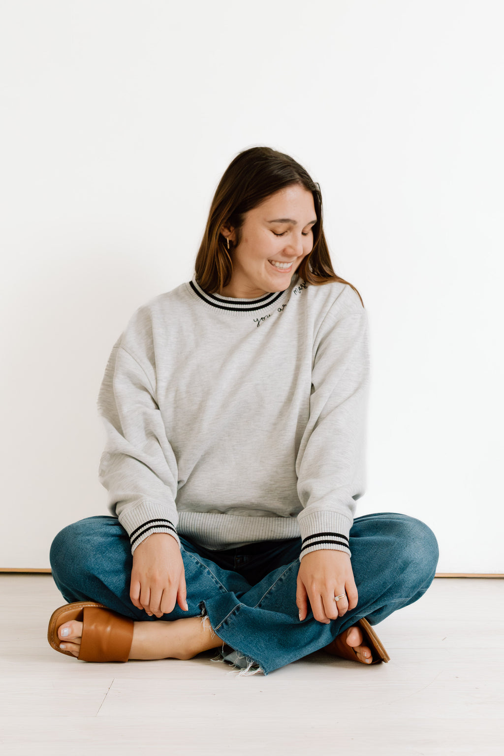 "You Are Magic" Script Embroidered Women's Varsity Crewneck Sweatshirt - Gray