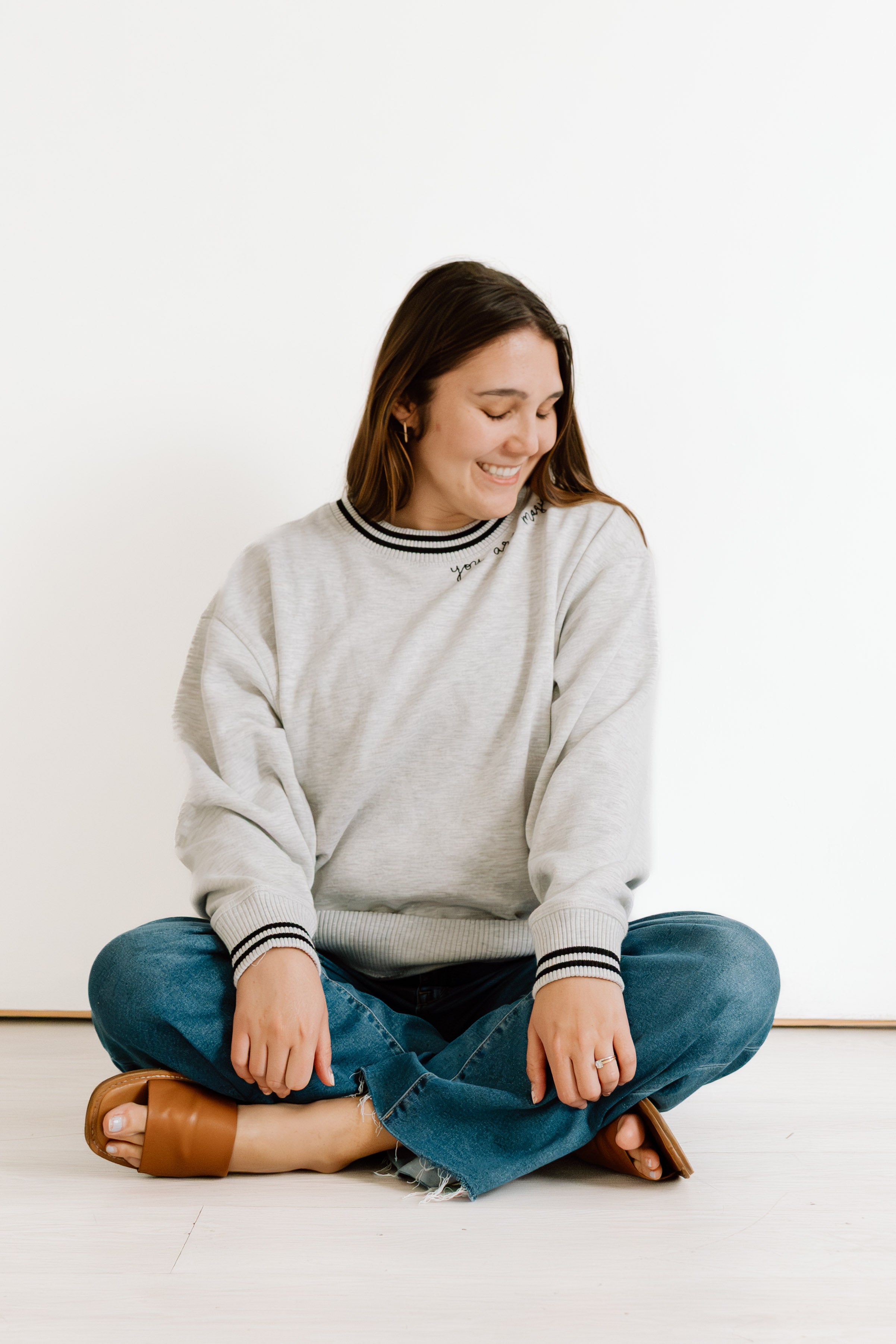 "You Are Magic" Script Embroidered Women's Varsity Crewneck Sweatshirt - Gray