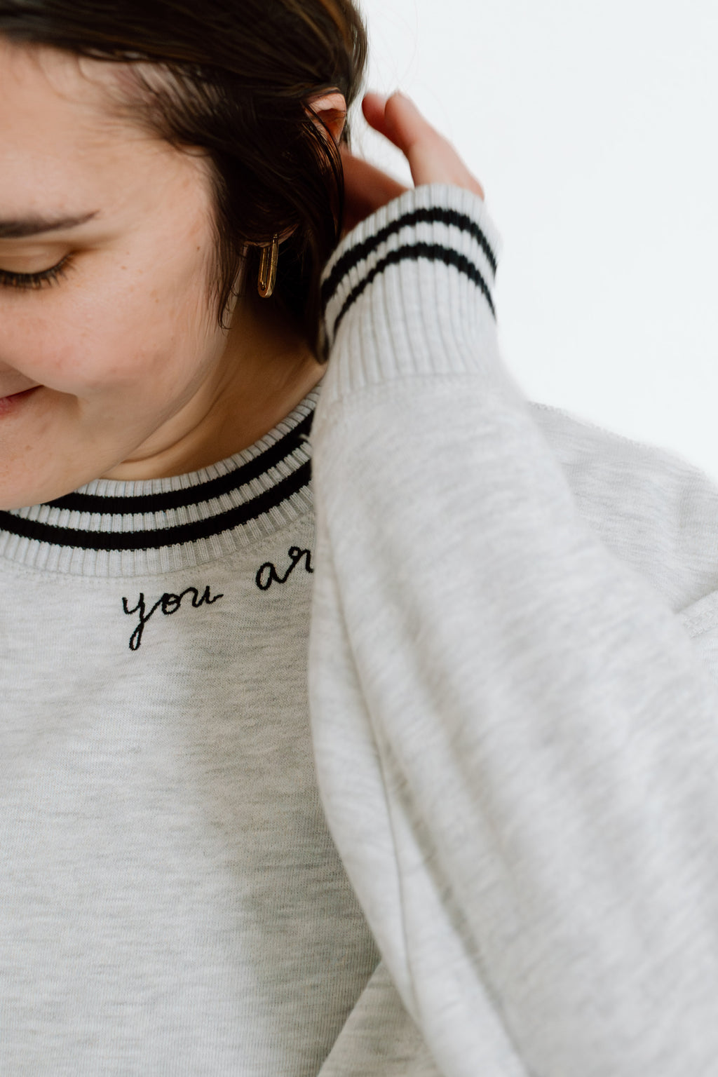 "You Are Magic" Script Embroidered Women's Varsity Crewneck Sweatshirt - Gray