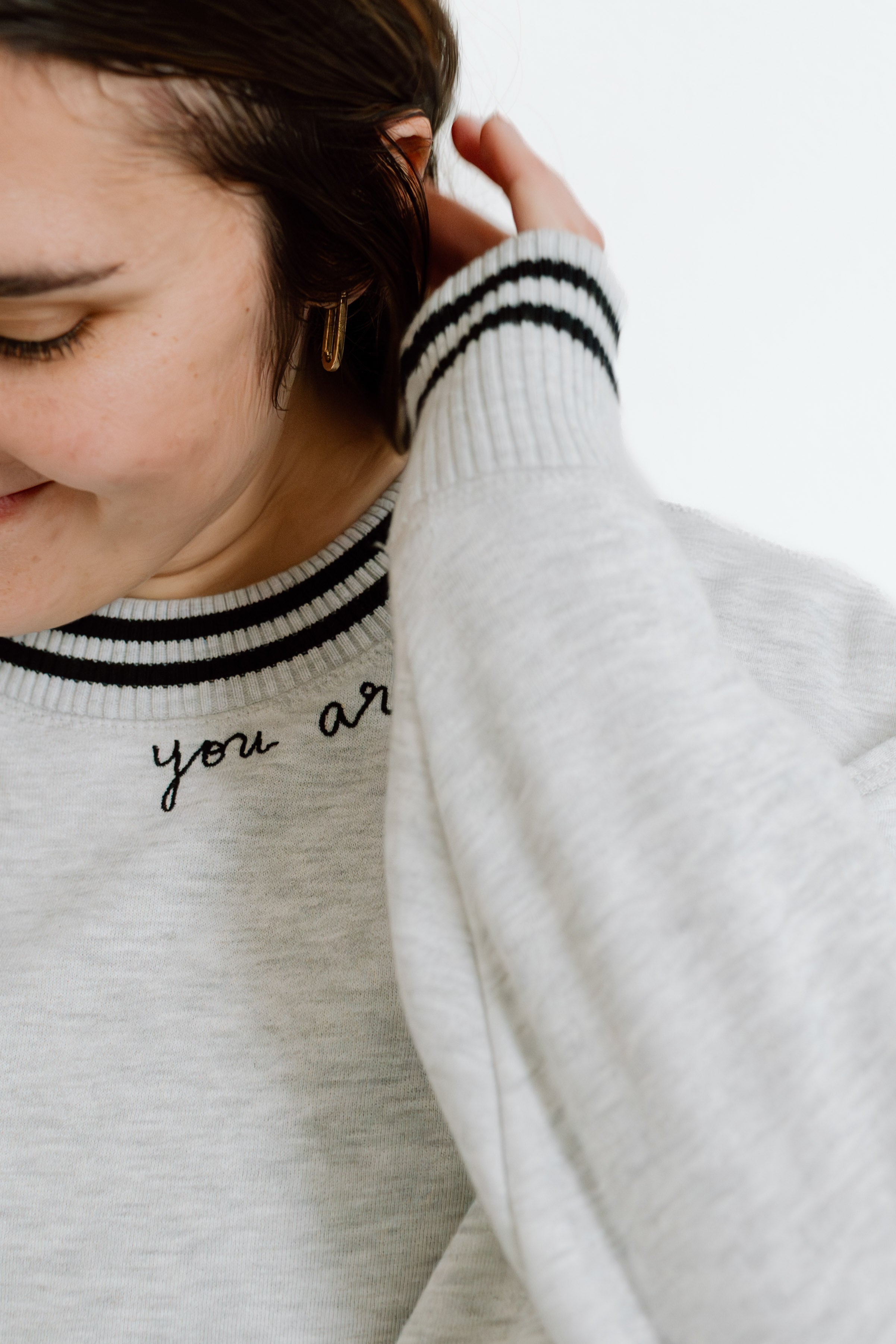 "You Are Magic" Script Embroidered Women's Varsity Crewneck Sweatshirt - Gray