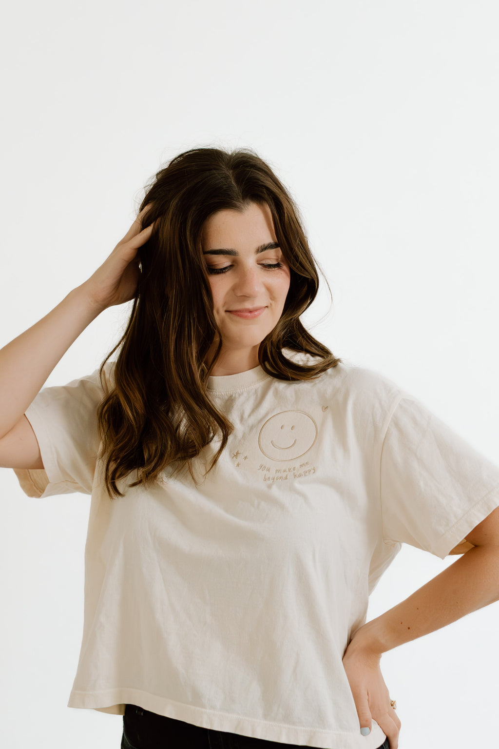 "You Make Me Beyond Happy" Embroidered Boxy Ivory Women's Tee