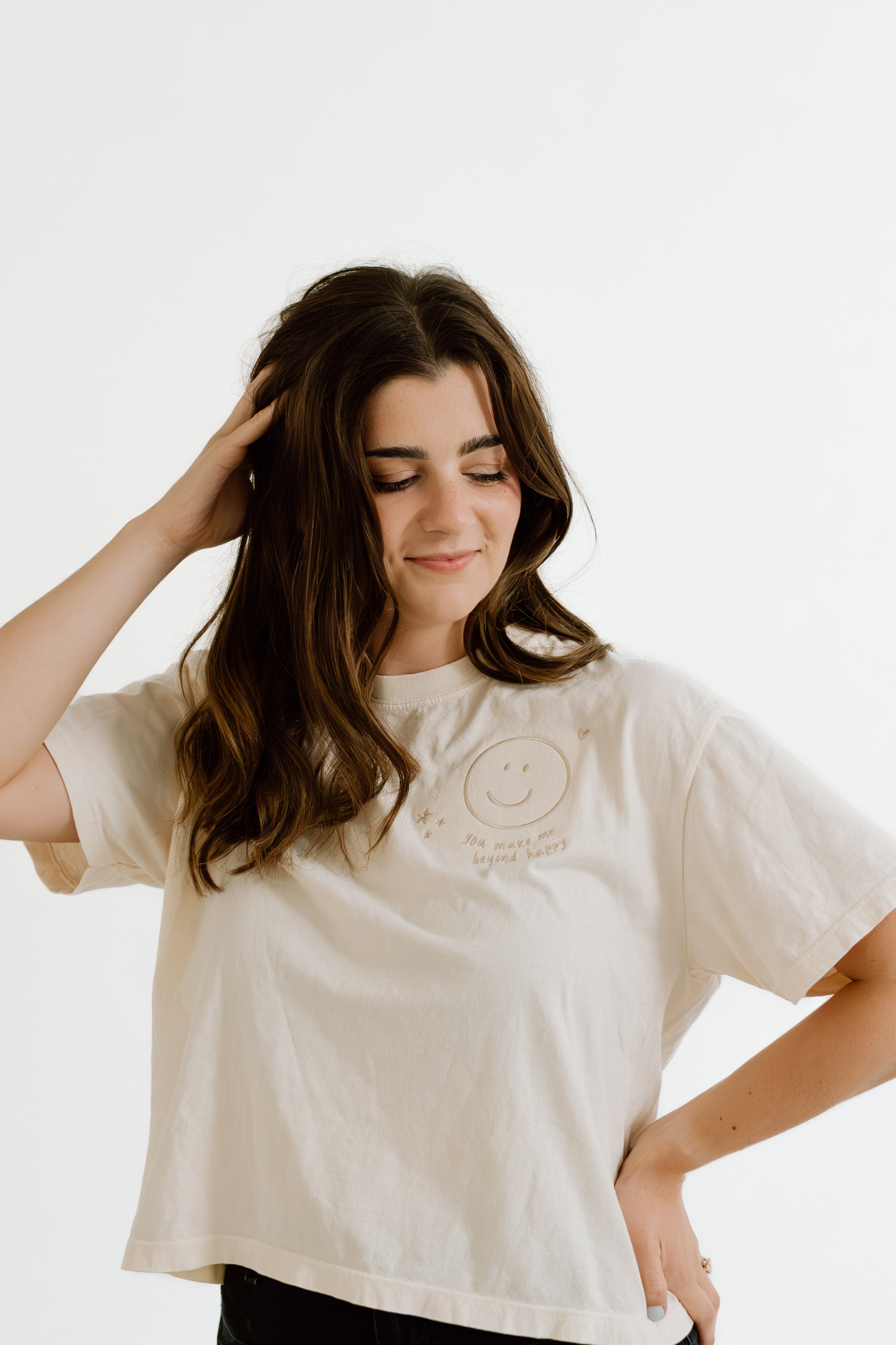 "You Make Me Beyond Happy" Embroidered Boxy Ivory Women's Tee