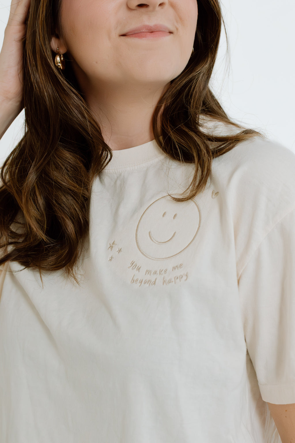 "You Make Me Beyond Happy" Embroidered Boxy Ivory Women's Tee