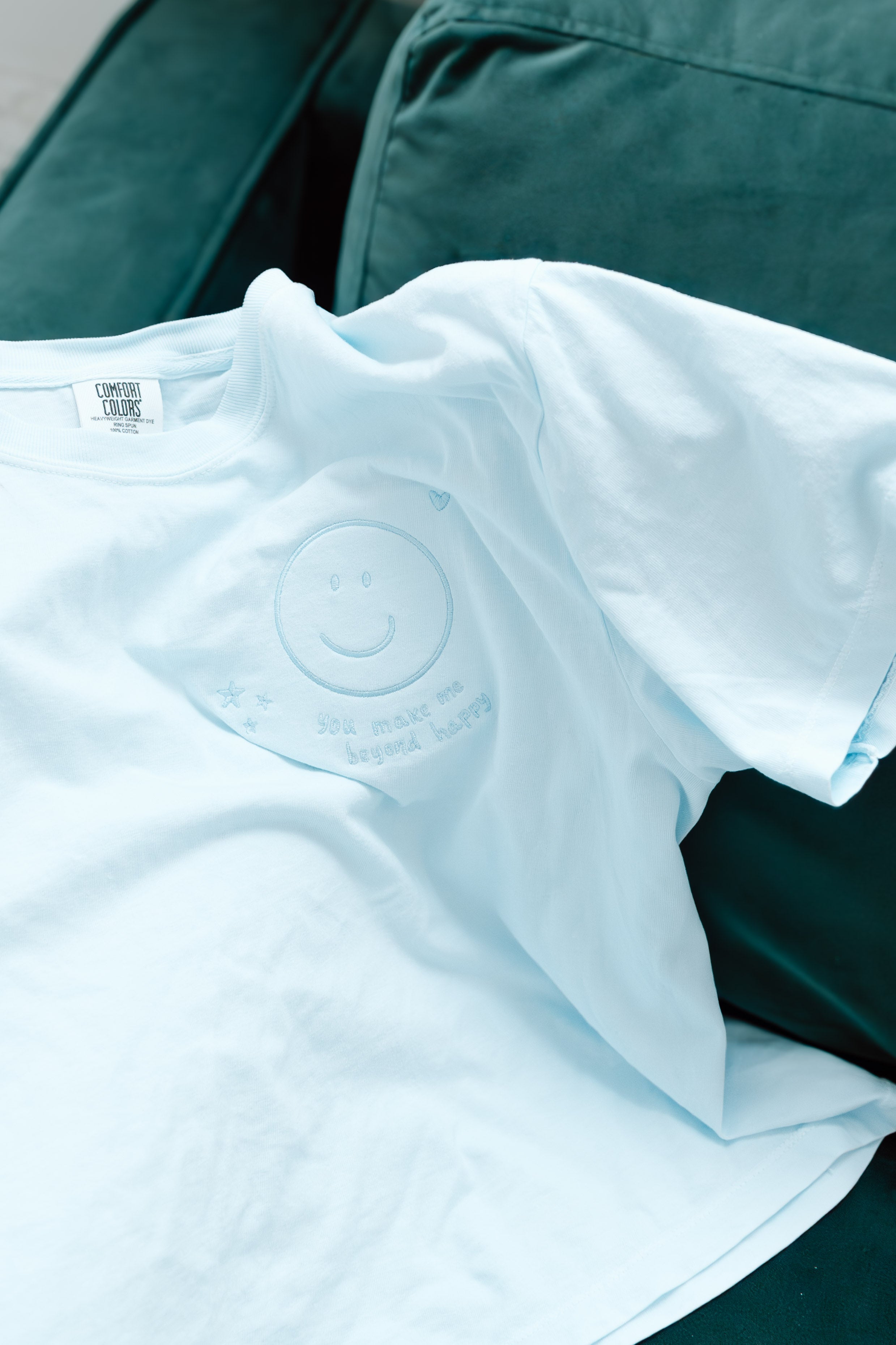 "You Make Me Beyond Happy" Embroidered Boxy Light Blue Women's Tee