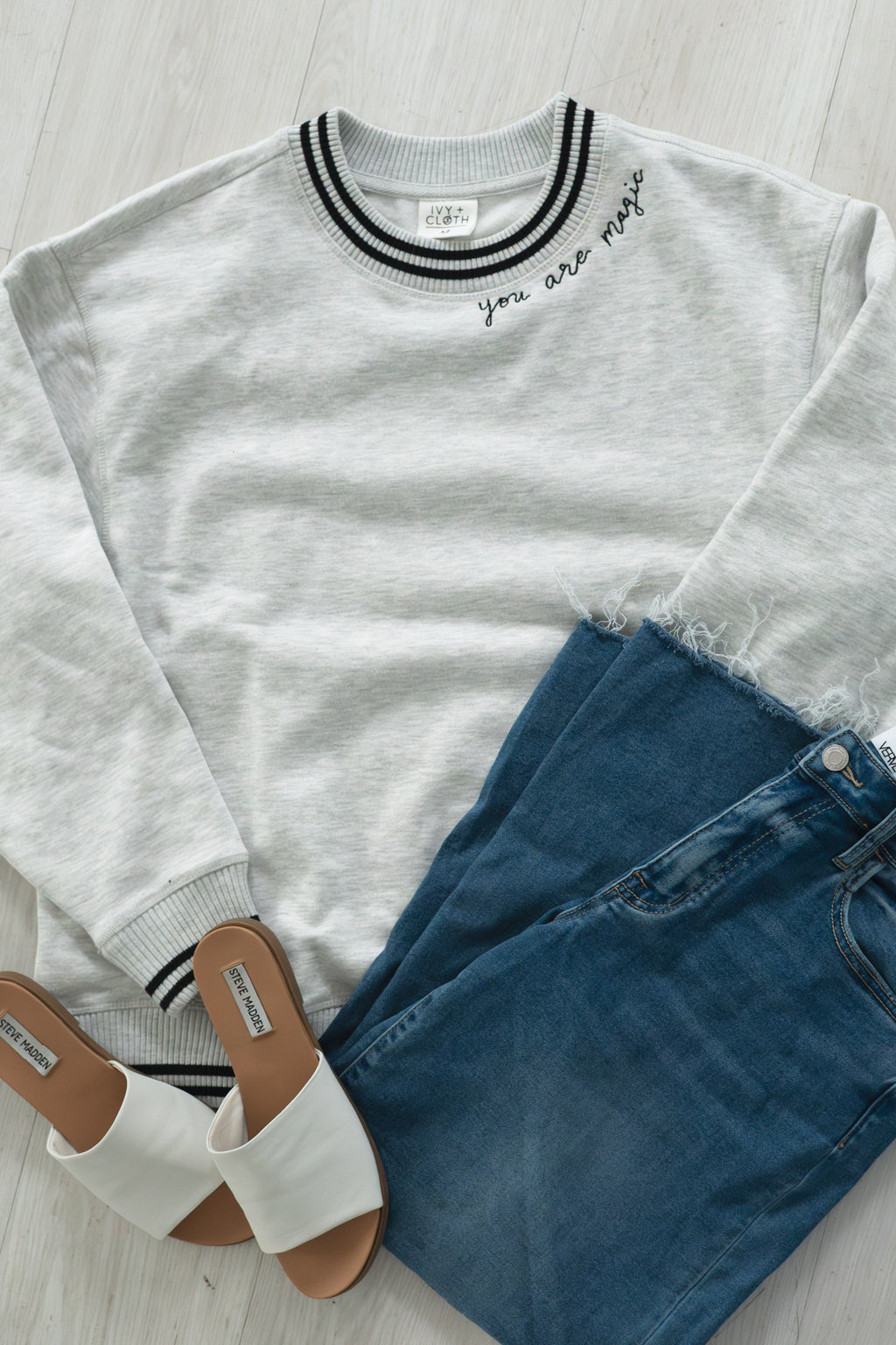 "You Are Magic" Script Embroidered Women's Varsity Crewneck Sweatshirt - Gray