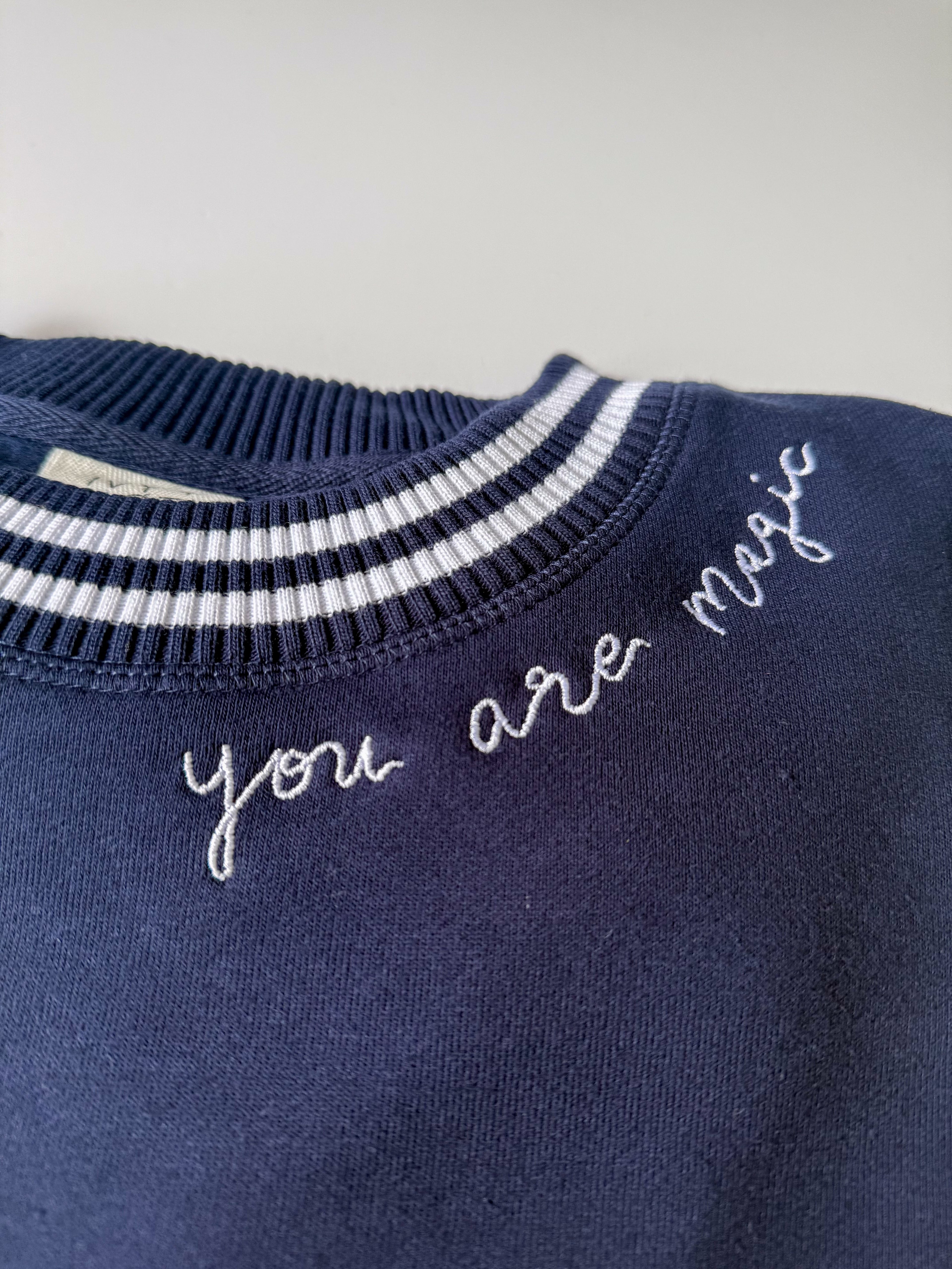✨ "You Are Magic" Script Embroidered Women's Varsity Crewneck Sweatshirt - Navy