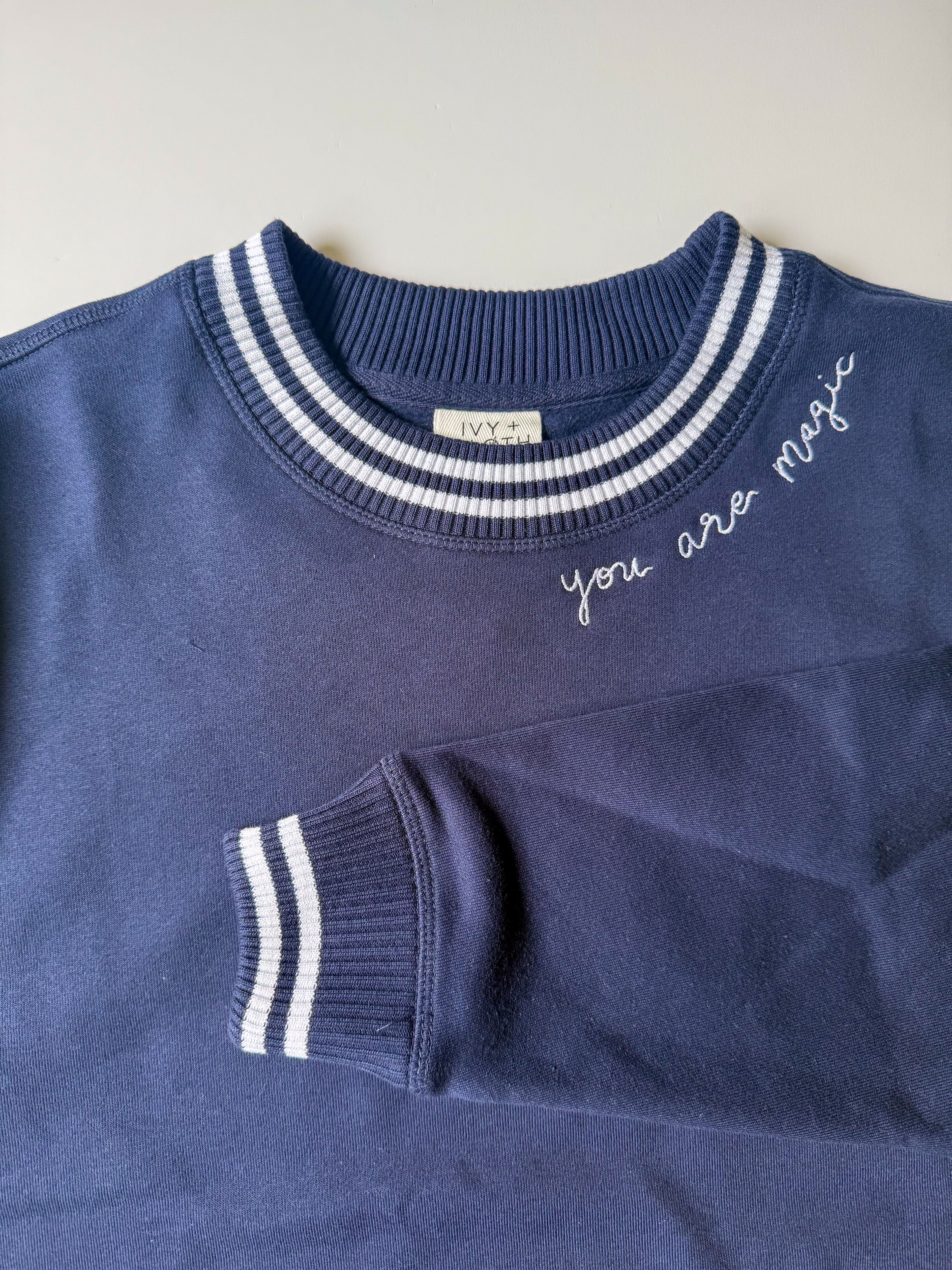 ✨ "You Are Magic" Script Embroidered Women's Varsity Crewneck Sweatshirt - Navy