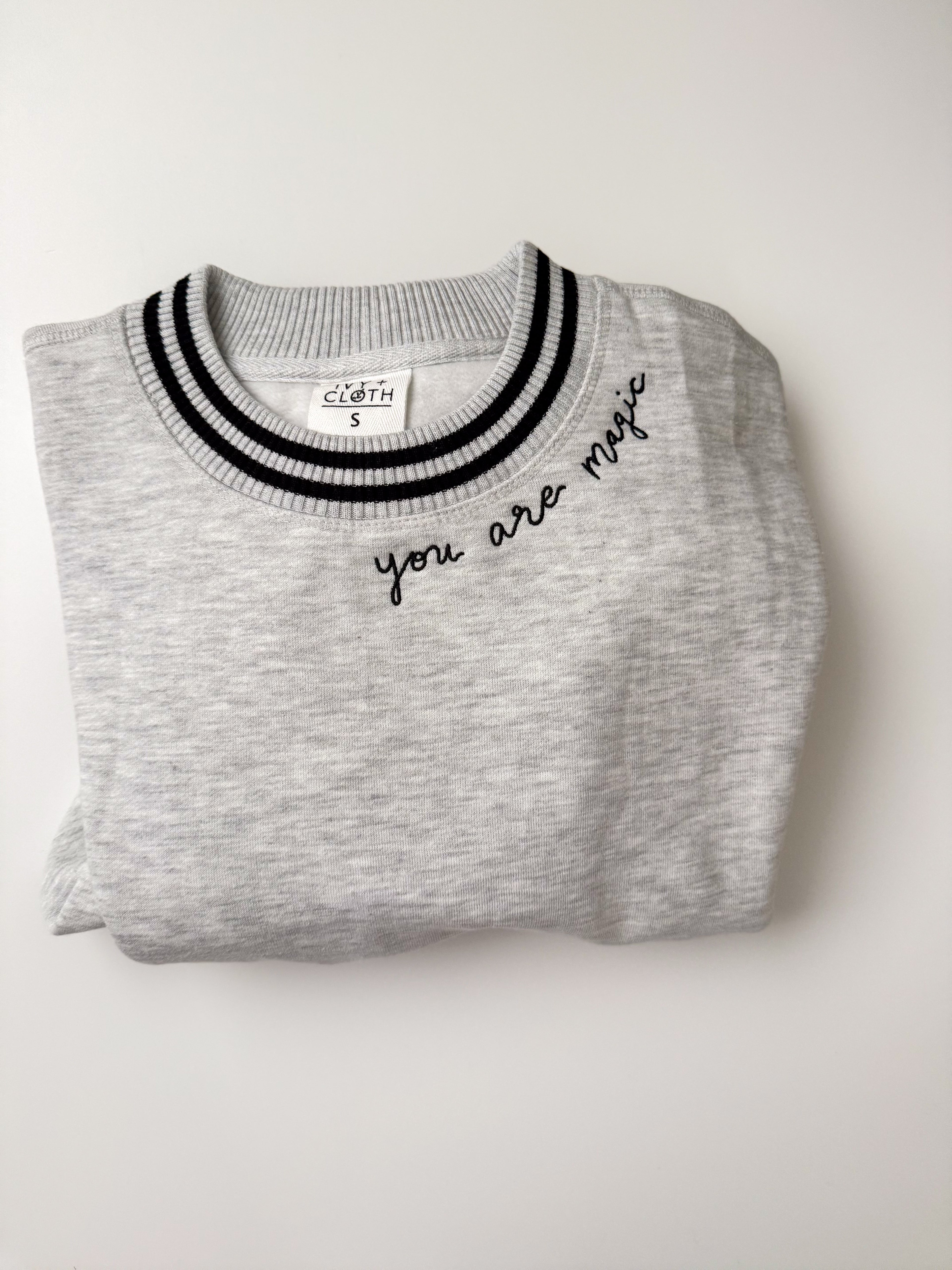 "You Are Magic" Script Embroidered Women's Varsity Crewneck Sweatshirt - Gray