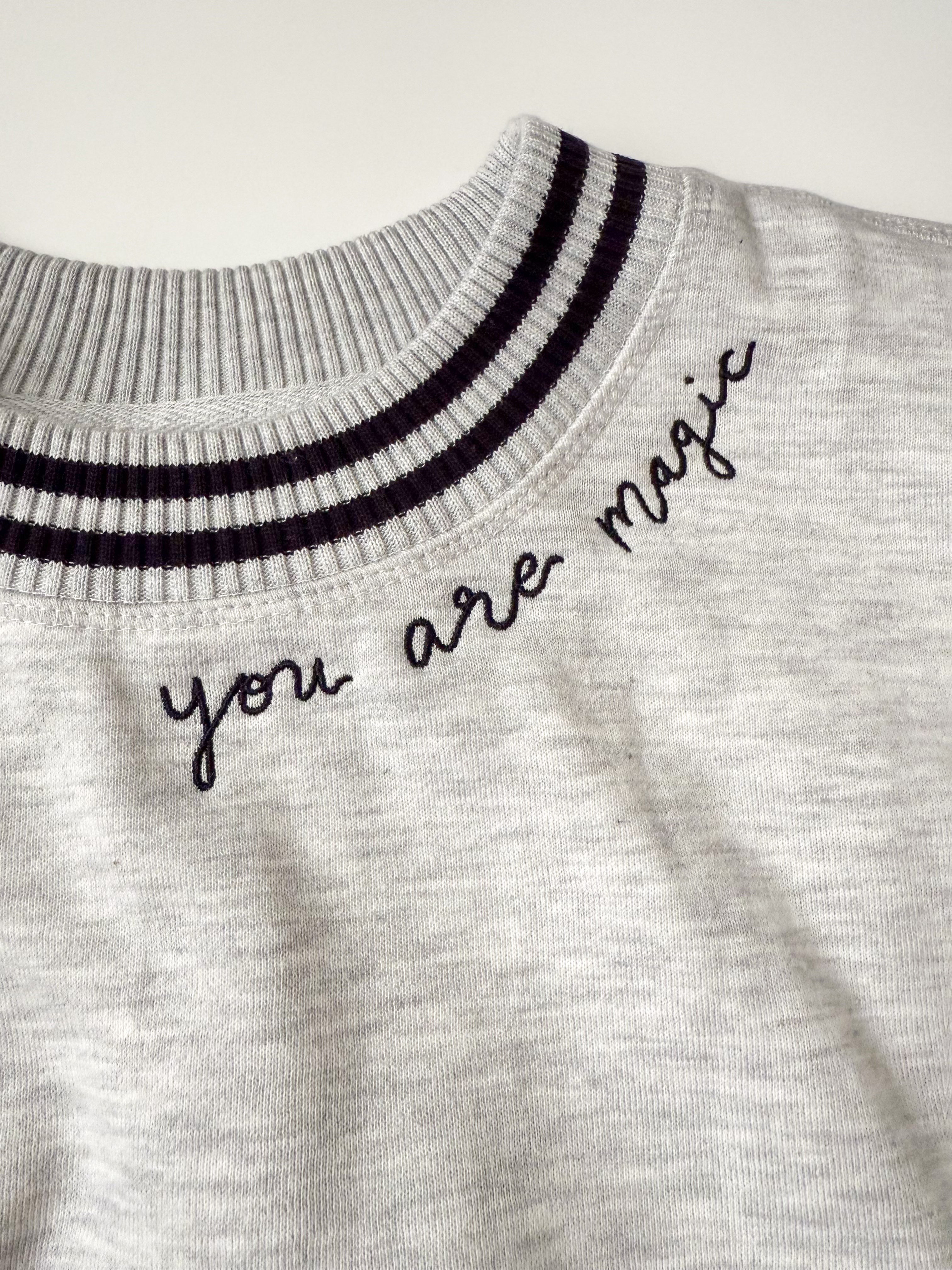 "You Are Magic" Script Embroidered Women's Varsity Crewneck Sweatshirt - Gray