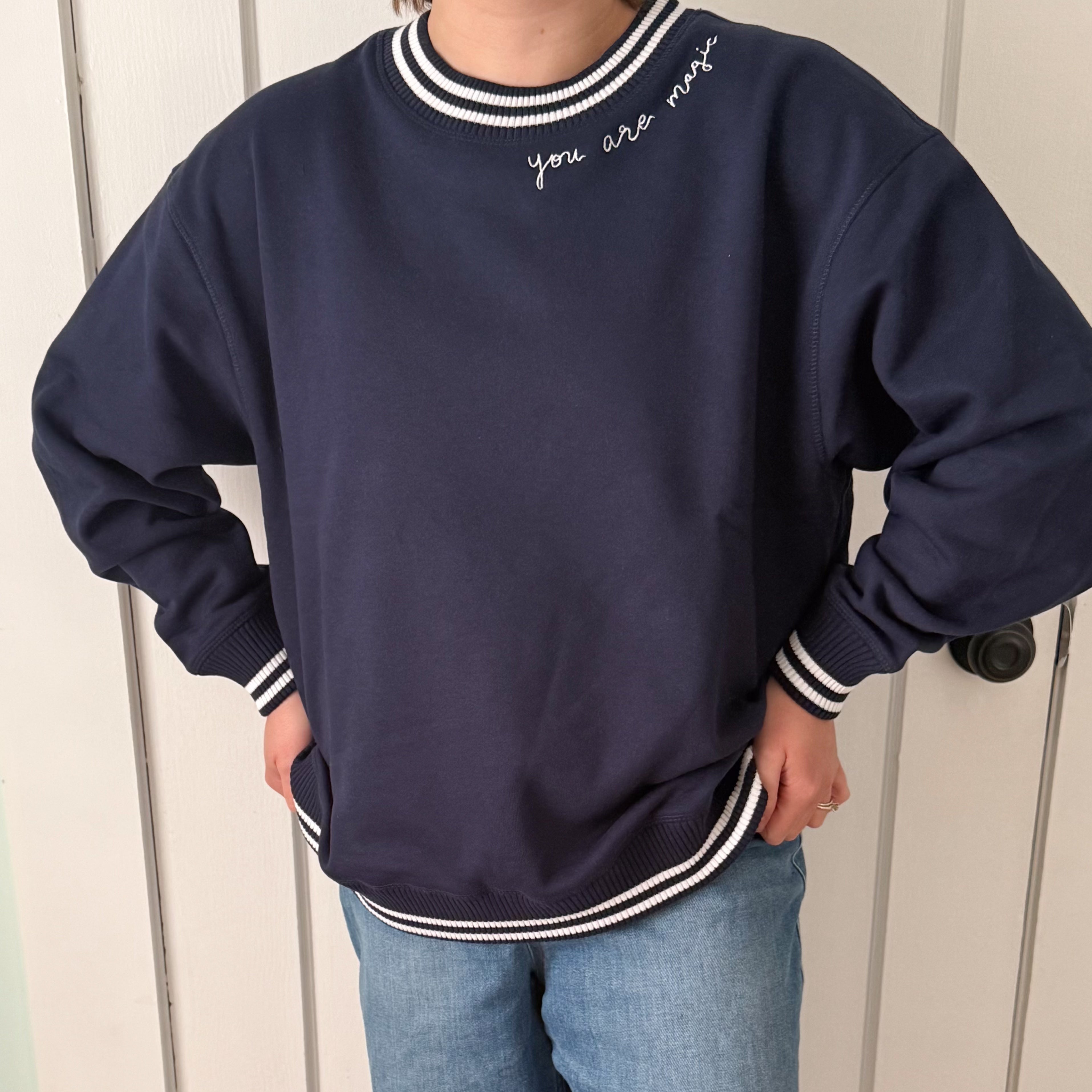 ✨ "You Are Magic" Script Embroidered Women's Varsity Crewneck Sweatshirt - Navy