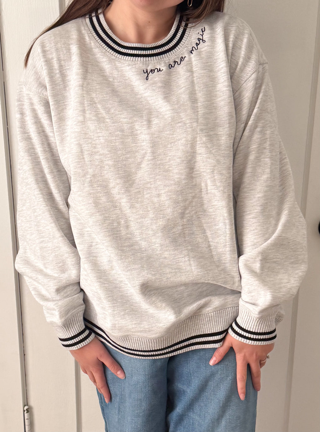 "You Are Magic" Script Embroidered Women's Varsity Crewneck Sweatshirt - Gray