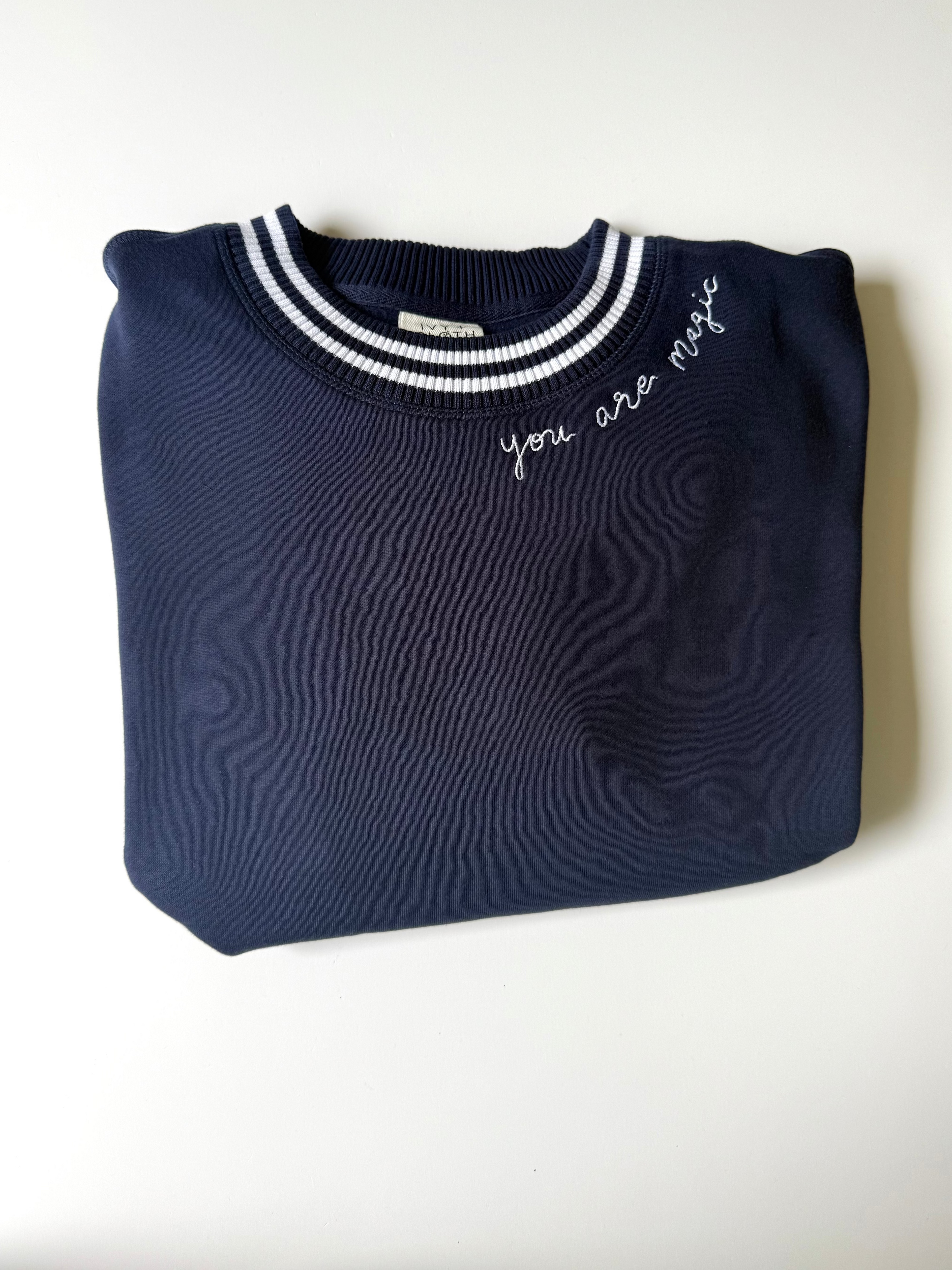 ✨ "You Are Magic" Script Embroidered Women's Varsity Crewneck Sweatshirt - Navy