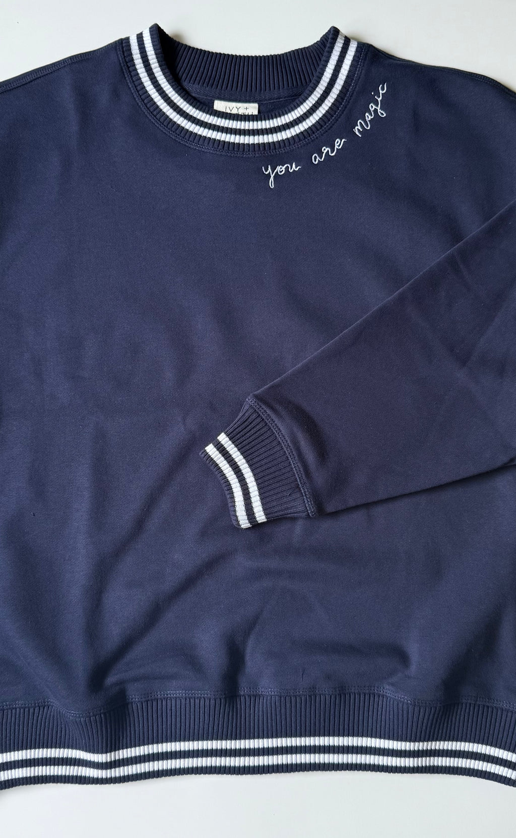 ✨ "You Are Magic" Script Embroidered Women's Varsity Crewneck Sweatshirt - Navy