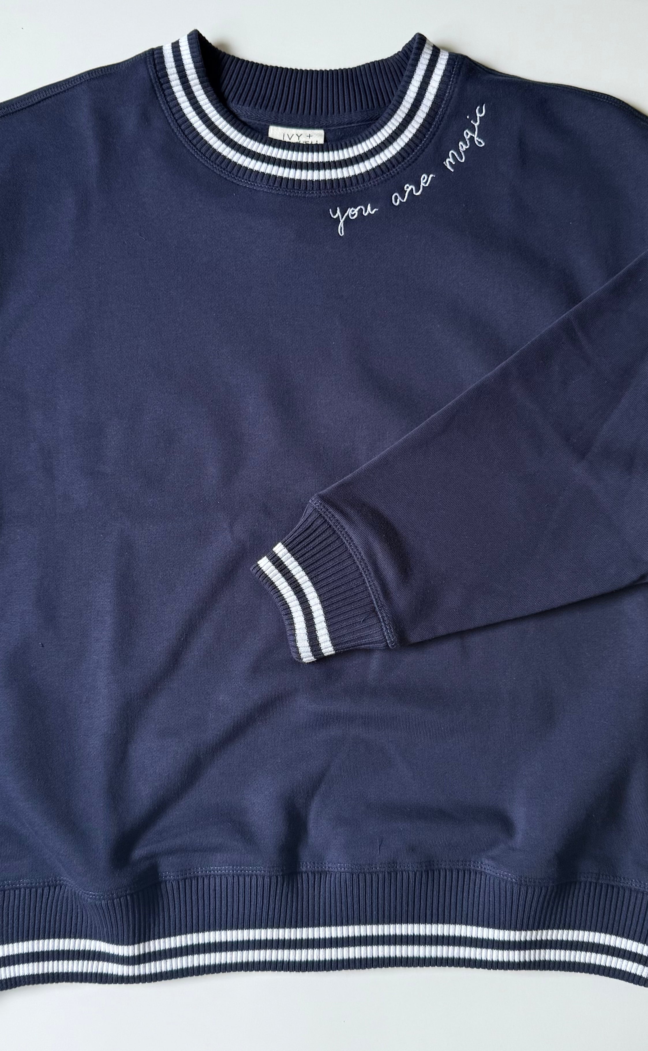 ✨ "You Are Magic" Script Embroidered Women's Varsity Crewneck Sweatshirt - Navy